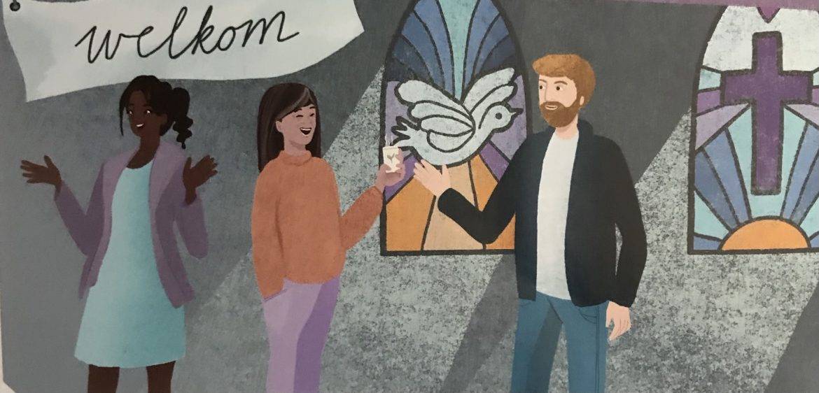 drie personen die bij een raam staan met een duif erop en een bord met welkom