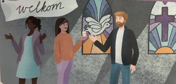 drie personen die bij een raam staan met een duif erop en een bord met welkom