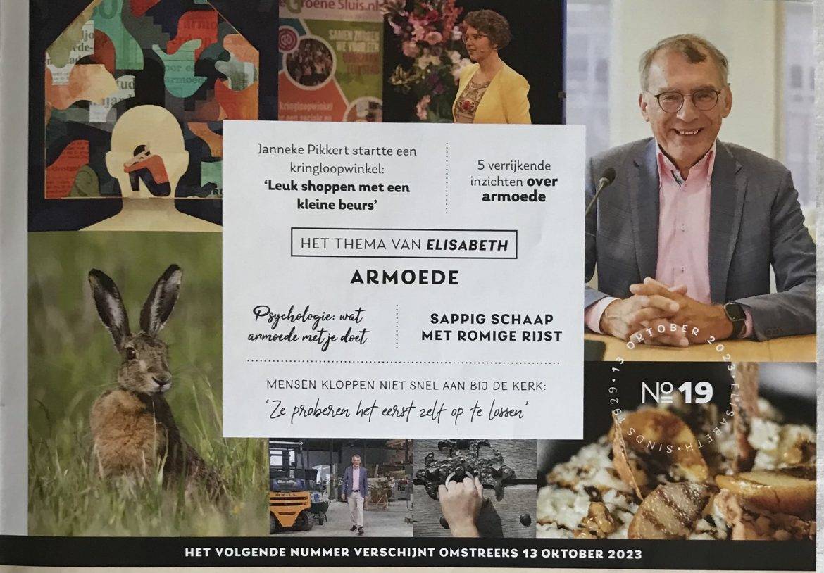 een collage van foto's en illustraties met in het midden een blok tekst met daarin het woord ARMOEDE in het midden. Rechts een man met een grijs colbert en een roze shirt, linksonder een haas.