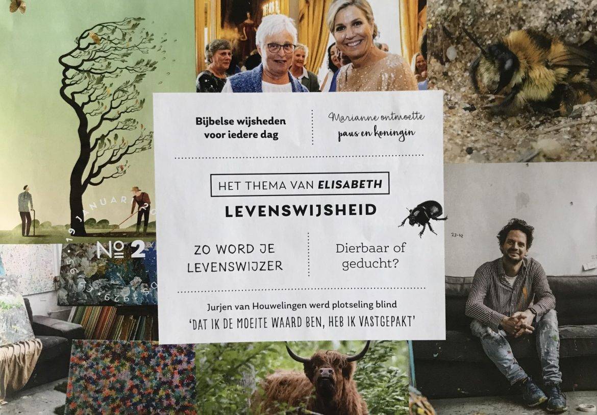 Het volgende nummer levenswijsheid Losse foto's met onder andere Maxima, om een wit vierkant kader met in het midden het woord Levenswijsheid. Rechtsonder een man op een bank, linksboven een boom die met de takken naar een kant waait.