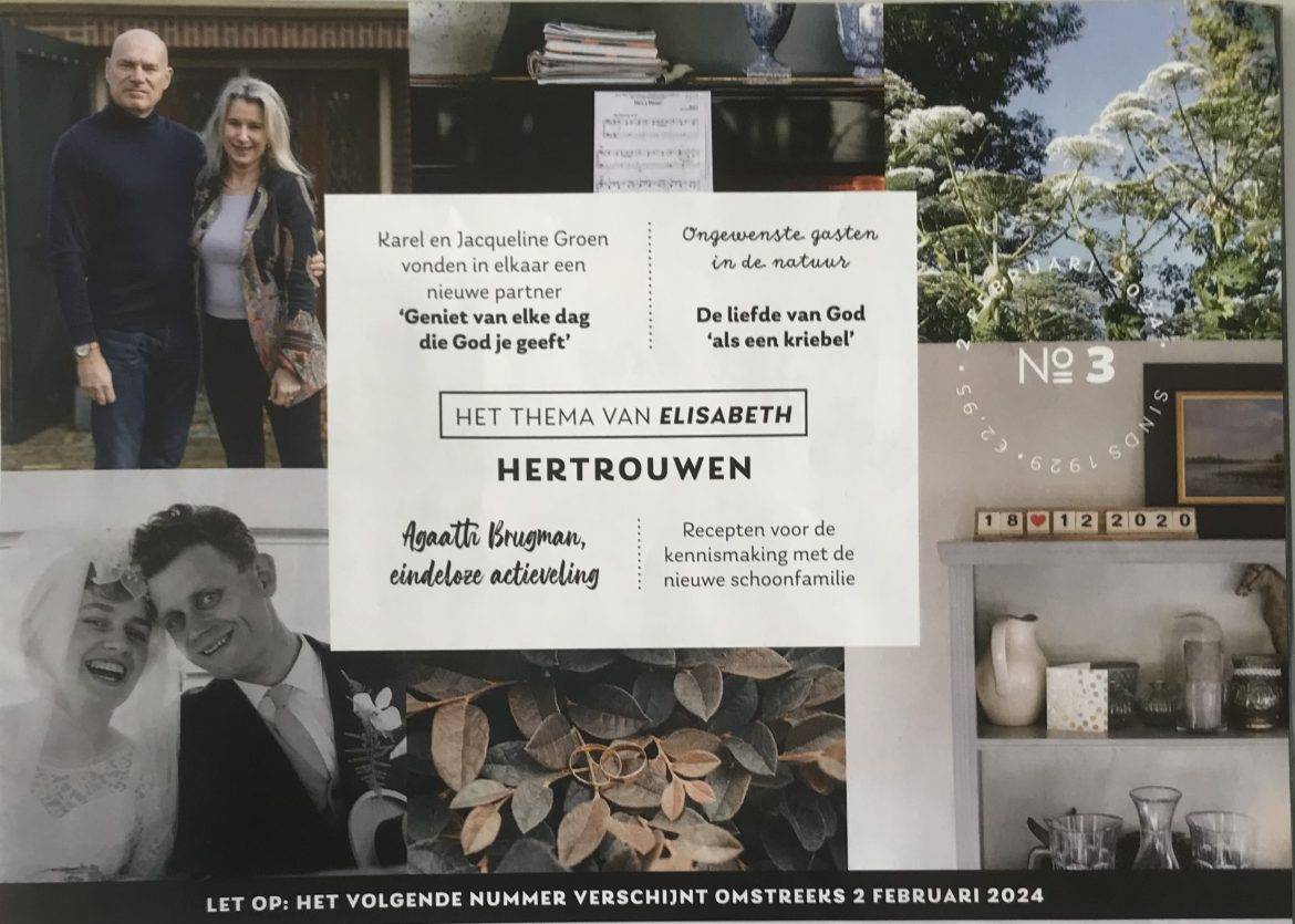 Om een wit kader met tekst staan verschillende foto's. Linksboven en linksonder een echtpaar, rechtsboven fluitenkruid en rechtsonder een kastplank met vazen