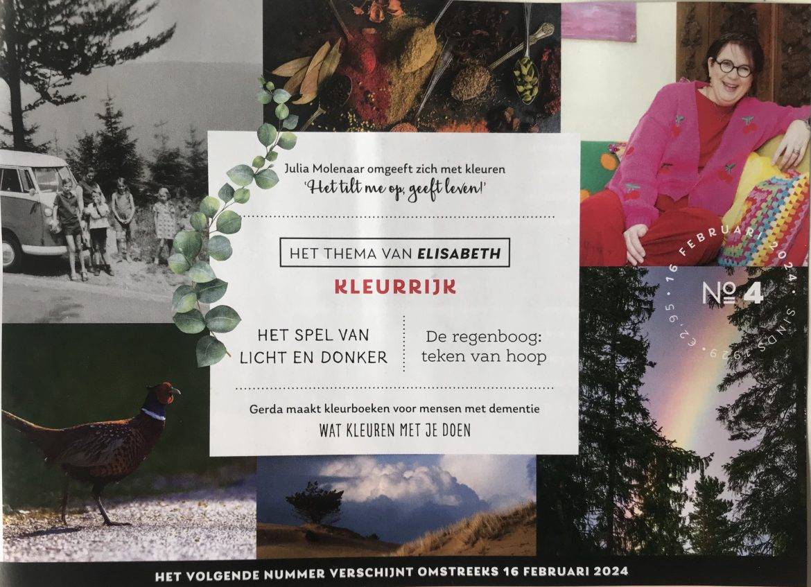 Een fotocollage met in het midden een tekstblok. Linksonder een fazant, linksboven VW busje met een gezin ervoor, rechtsboven een vrouw in een roze trui en rechtsonder een regenboog door de bomen