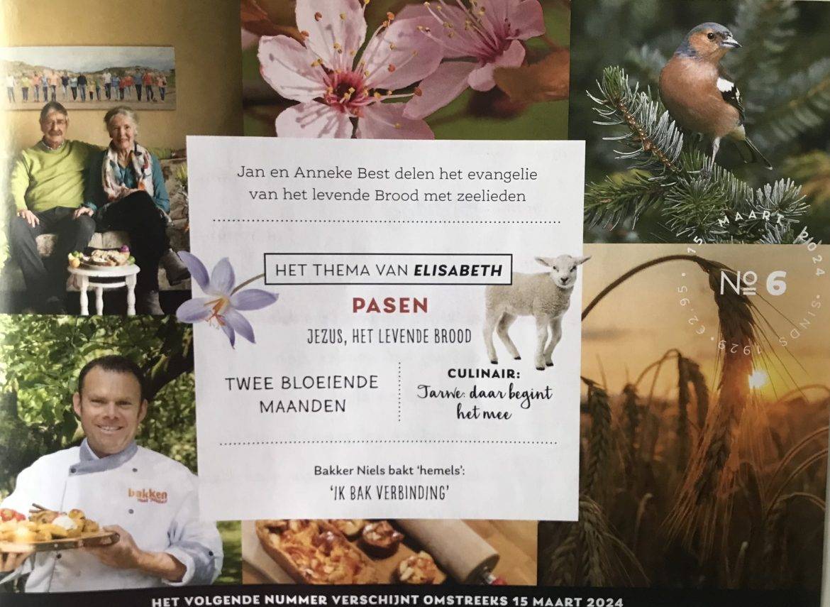 Een wit kader in het midden met tekst, daaromheen 6 foto's: linksboven een echtpaar op een bank, linksonder een bakker, midden boven een bloem en rechtsboven een vogel, rechtsonder een graanhalm